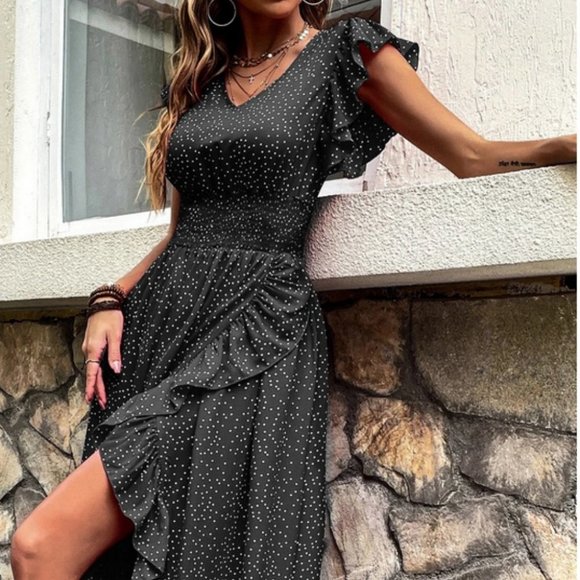 Black Polka Dot Print Butterfly Sleeve Shirred Ruffle Trimmed hem maxi Dress - Picture 6 of 6